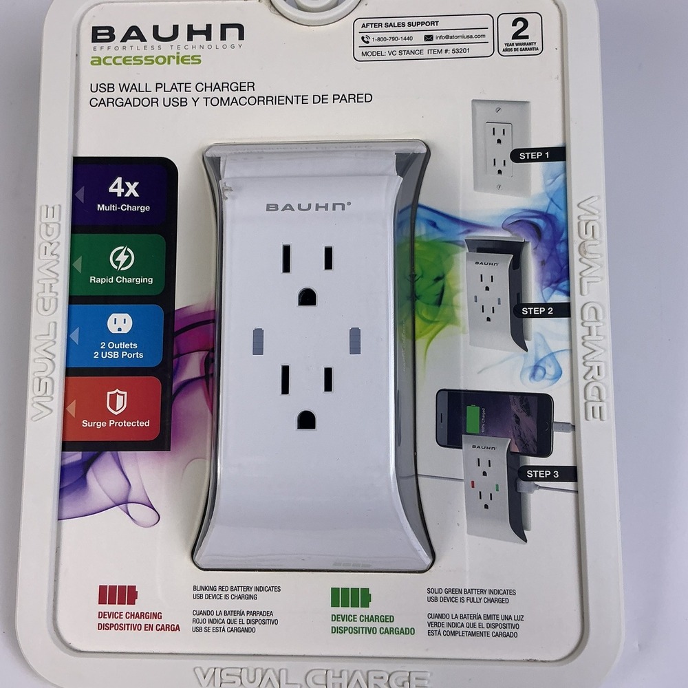 BAUHN USB Wall Plate Charger 2 Outlets 2 USB Port Rapid Charging Surge Protected